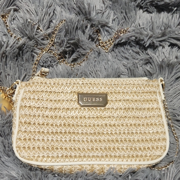 Guess Cream Woven Clutch with Gold Chain - Picture 1 of 11